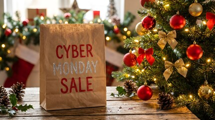 A paper shopping bag advertising an online sale sits beside a decorated Christmas tree, symbolizing festive holiday season deals
