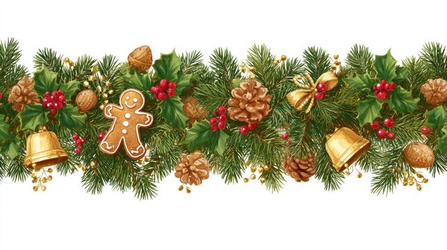 Christmas border decorations garland with fir branches, gingerbread cookies, golden bells, holly berries and cones on white background. Vector