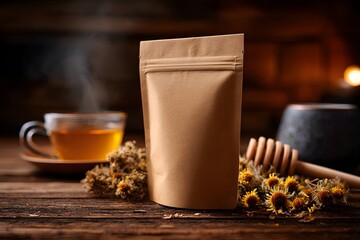 Natural Herbal Tea Packaging with Honey and Flowers on Wooden Tabletop Relaxing Rustic Scene Promoting Wellness and Natural Remedies a Perfect Blend of Health and Flavor