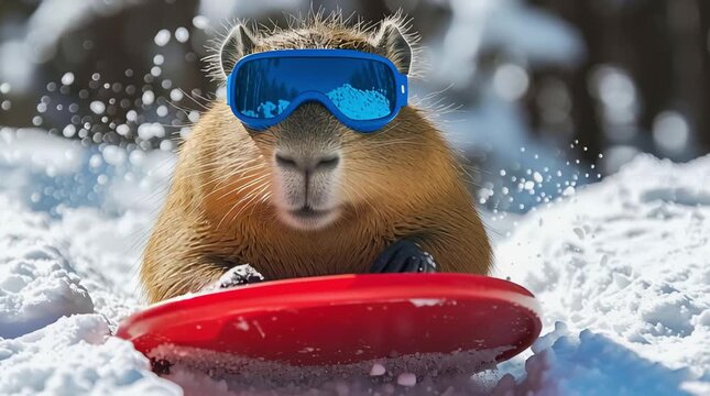 A capybara riding a red sled down a snowy slope. She is wearing blue ski goggles.	
