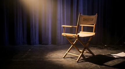 Spotlight shines on an empty director's chair on a dark stage, symbolizing the end of a show or a tribute in theater