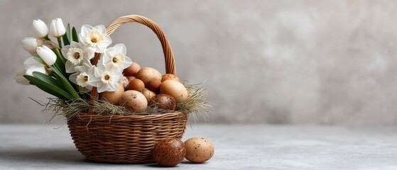 Colorful easter basket filled with eggs and flowers on a white backdrop for festive spring decoration and celebration