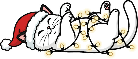 Festive cat tangled in christmas lights wearing a santa hat