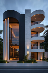 A luxurious ultra-modern villa is presented at dusk, showcasing a bold contrast in architectural design with smooth matte black curves and elegant white stone vertical structures. Cylindrical white co