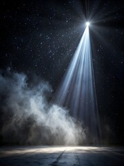 Bright spotlight illuminates a smoky stage under a starry sky.