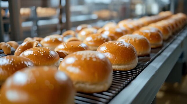 Freshly baked buns laid out in a row on a metal grate on the bakery's production line. They look appetizing and demonstrate the accuracy and quality of the baking process.	
