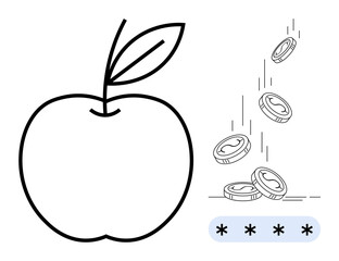 Minimalistic apple outline paired with coins dropping over a password field. Ideal for nutrition, health value, digital payment, investment, security, simplicity, and financial habits. Simple flat