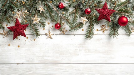 Christmas Holiday Background With Red Ornaments, Pine Branches and Festive Decorations