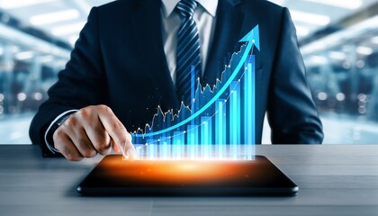 business growth analytics — tablet with upward graph, arrow and glowing success interface
