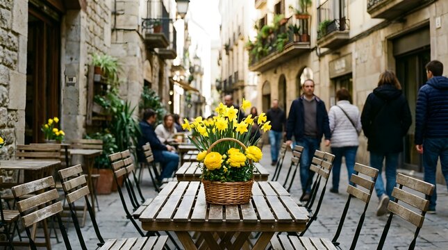Picturesque outdoor cafe with a basket of yellow flowers on a narrow cobblestone street in a historic European city - Powered by Adobe