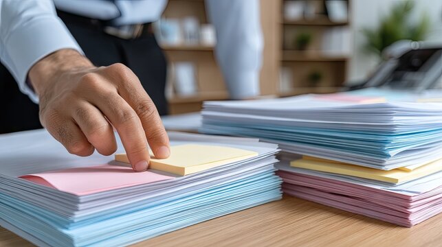 Woman organizes office documents with colorful sticky notes at her work desk while focusing on her tasks in a bright workspace filled with paperwork