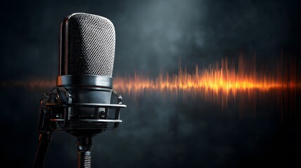 Vintage Microphone Capturing Sound Waves in Dark Studio Setting with warm orange glow in audio spectrum visualization showcasing audio engineering technology and professional recording equipment 