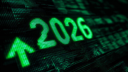Green digital display shows year 2026 with upward arrow symbolizing growth and financial progress.