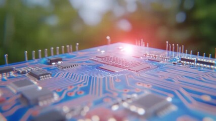 Tech Circuitry in Nature: A close-up shot captures the intricate detail of a computer circuit board, its delicate pathways and components interwoven. - Powered by Adobe