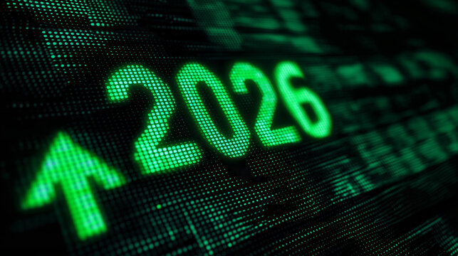 Green digital display shows year 2026 with upward arrow symbolizing growth and financial progress.
