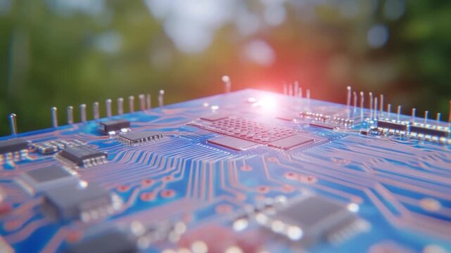 Tech Circuitry in Nature: A close-up shot captures the intricate detail of a computer circuit board, its delicate pathways and components interwoven.
