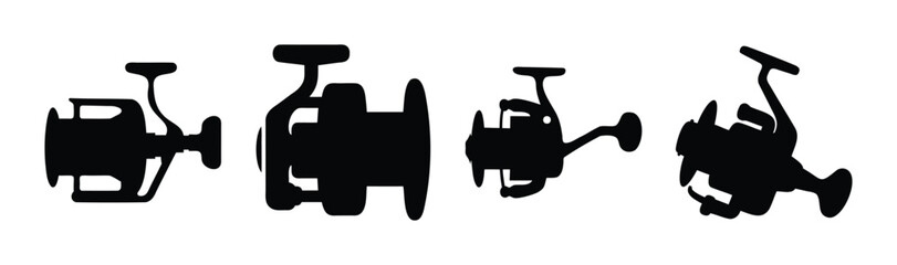 Set of fishing reel equipment silhouettes for angling activity