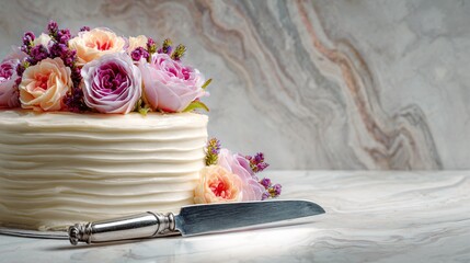 Big cake on marble background, silver cake knife nearby