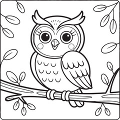 Fototapeta premium Cute Owl on Branch Illustration: A charming owl illustration perches gracefully on a sturdy branch, exuding an air of wisdom and serenity in a delicate outline style, perfect for creative projects.