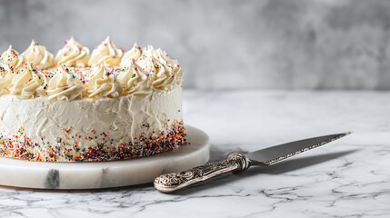 Big cake on marble background, silver cake knife nearby