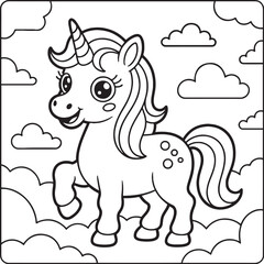 Enchanting Unicorn in Cloudscape: A whimsical unicorn, with its flowing mane and a spiraled horn, prances playfully amidst a sky filled with fluffy clouds. 