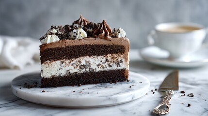 Big cake on marble background, silver cake knife nearby