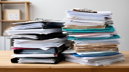 Colorful envelopes and office files stacked on a wooden table creating a cluttered workspace for business activities