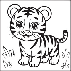 Adorable Tiger Cub Illustration: A charming, outlined illustration of a playful tiger cub stands amidst simple grass, exuding innocence and curiosity. Perfect for coloring, design.