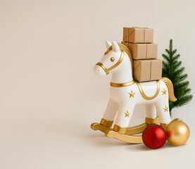 Christmas delivery concept with gift boxes on white rocking horse and ornaments