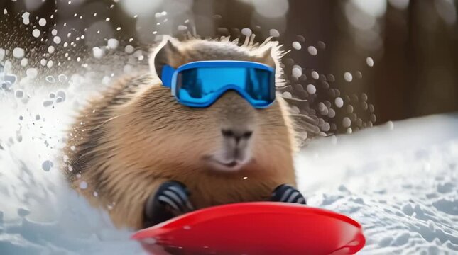 A capybara riding a red sled down a snowy slope. She is wearing blue ski goggles.	
