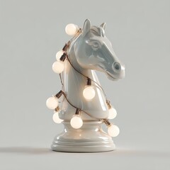 Illuminated Chess Knight Sculpture with Warm String Lights