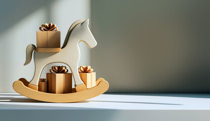 Wooden rocking horse with gift boxes in soft holiday light