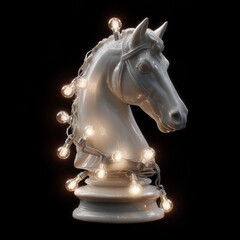 Illuminated Chess Knight Sculpture with Warm String Lights