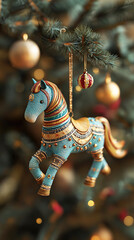 Christmas Tree Ornament Blue and Gold Decorative Horse