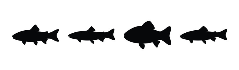 Four fish silhouettes swimming in a row on a white background