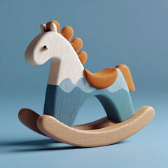 Wooden rocking horse toy on blue background