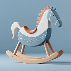 Wooden rocking horse toy on blue background