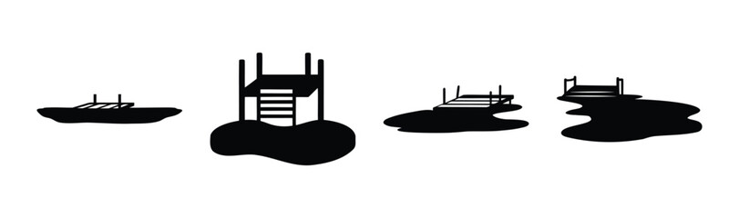 Obraz premium Monochrome silhouette of boat, floating dock, and wooden piers