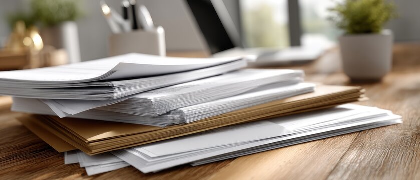 Organized stack of documents and files on a wooden table with a minimalistic workspace in a bright indoor setting