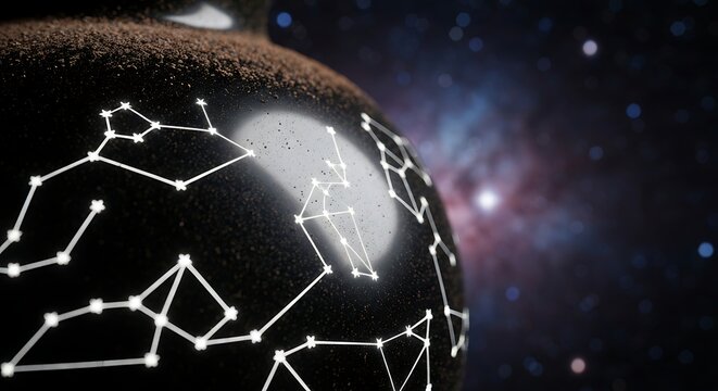 Deep Space Constellation Mapping: Glowing Celestial Globe with Textured Dust Against a Vivid Nebula Backdrop - Abstract Scientific Visualization and Astronomy Art.