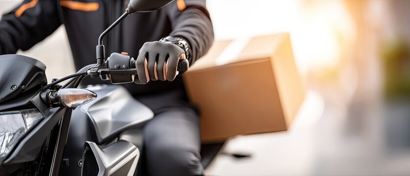 Delivery service close-up of a uniformed man's hand gripping a motorcycle handlebar while transporting a package in warm light