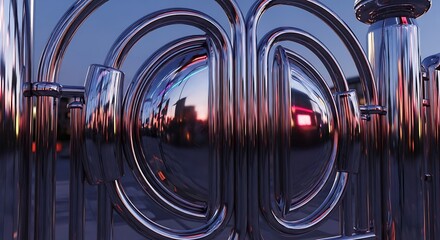 Closeup of a highly polished chrome or silver abstract sculpture reflecting city lights and a colorful sunset, showcasing intricate curves and a modern design