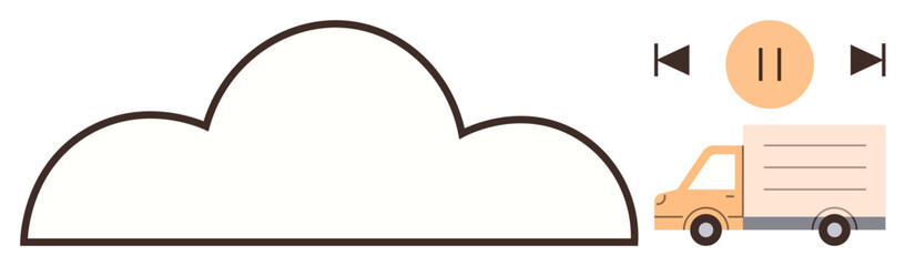 Large cloud outline with delivery truck and media control buttons representing digital data sharing, file transit, and cloud storage. Ideal for technology, logistics, digital transformation, data