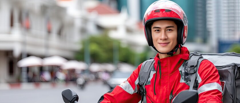 Close-up of a young delivery person in a red uniform holding a package while riding a motorcycle in an urban area for fast drop-off services