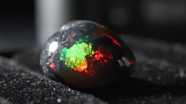 Close Up Shot of A Precious Gemstone With Vibrant Iridescent Display On Black Velvet