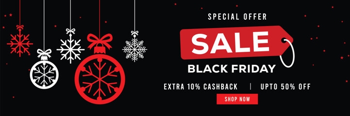 Festive Black Friday sale banner featuring hanging snowflake ornaments and Christmas baubles, bold red and white text, special offer, cashback and discount, elegant holiday design for promotions.