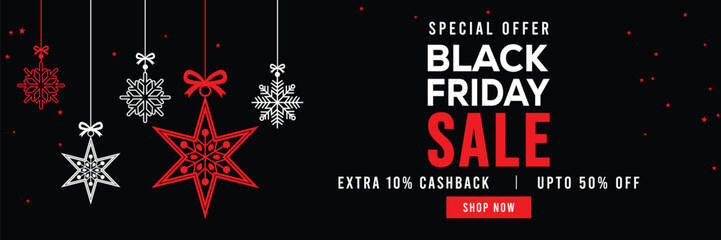 Fototapeta premium Festive Black Friday sale banner featuring hanging snowflake ornaments and Christmas baubles, bold red and white text, special offer, cashback and discount, elegant holiday design for promotions.