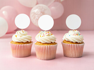 Cupcake Topper Mockup with Pink Balloon Background for Celebrations and Printable Party Designs