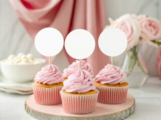 Cupcake Topper Mockup with Soft Pink Floral Decor for Elegant Party and Bakery Branding Designs