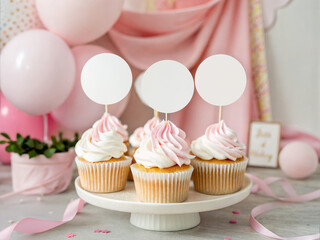 Cupcake Topper Mockup with Pink Balloon Party Decor and Soft Pastel Styling for Elegant Celebration Designs